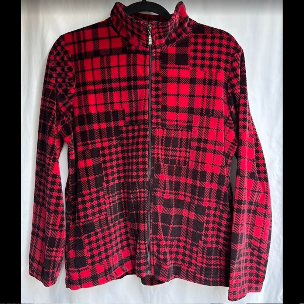 Velvet Buffalo Plaid Zip Jacket Red Black | Western Grunge Layer | L (Fits S/M)